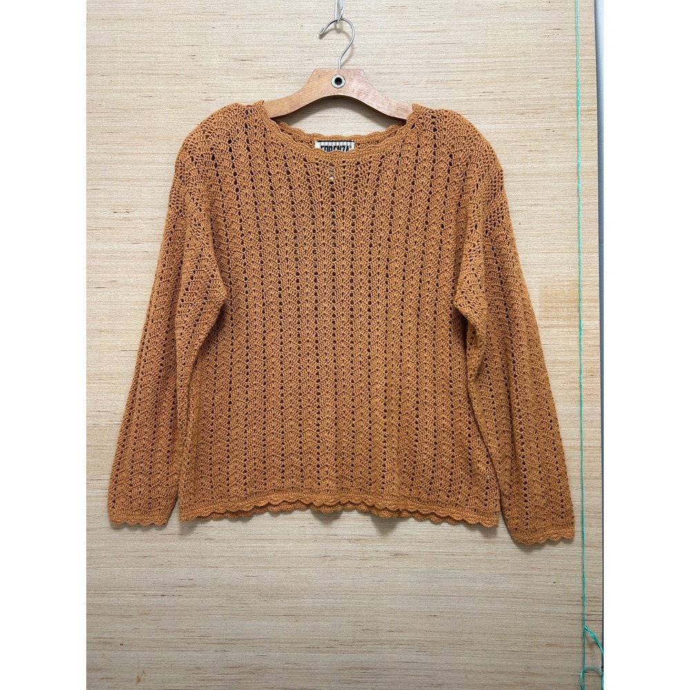 Forenza Vintage Crochet Sweater Burnt Orange Ramie Cotton Pointelle Knit Medium